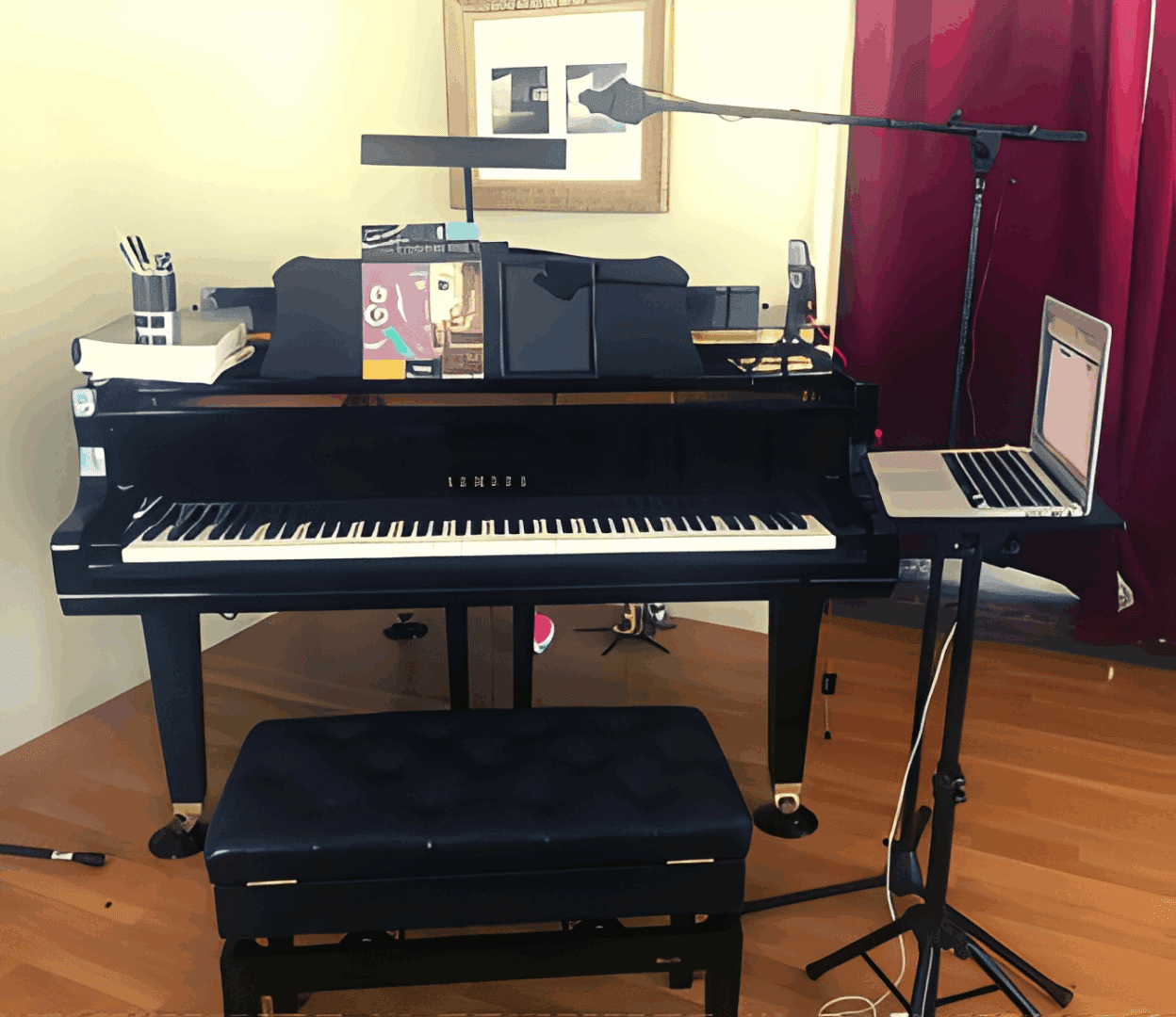 Piano setup with microphone and laptop.