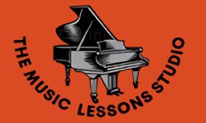 Illustration of a grand piano with text about music lessons.