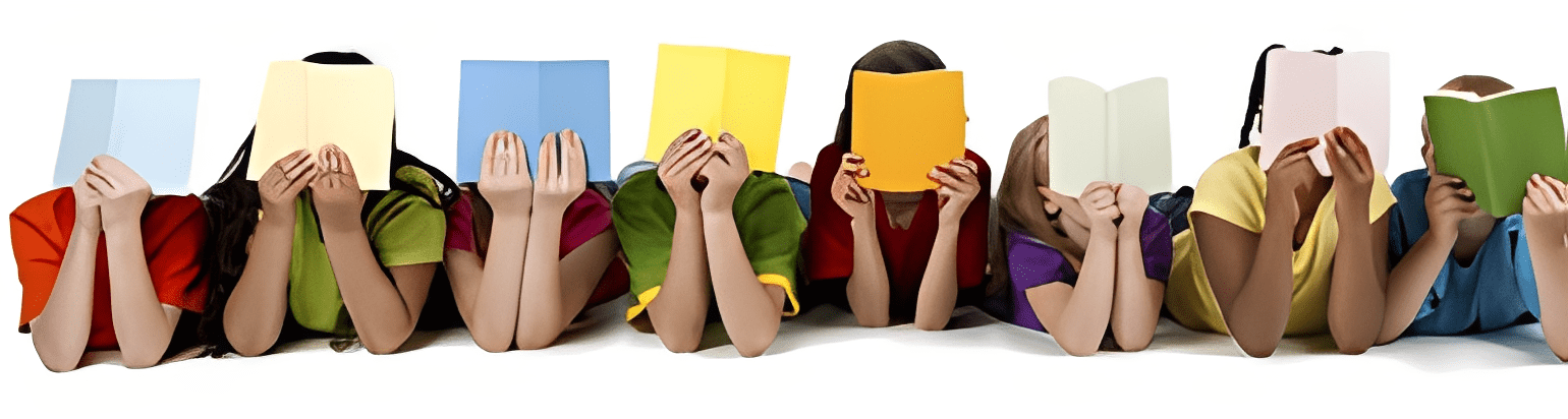 Children reading colorful books in a row.