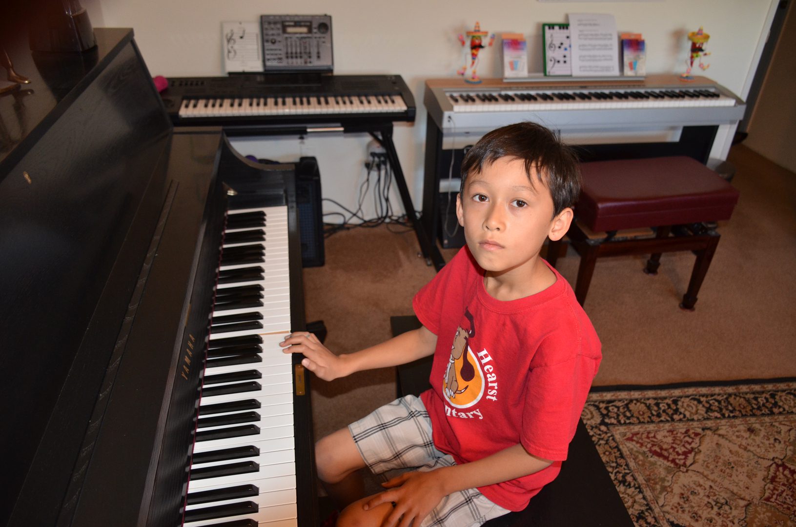 A young boy in a red shirt playing a keyboard indoors.