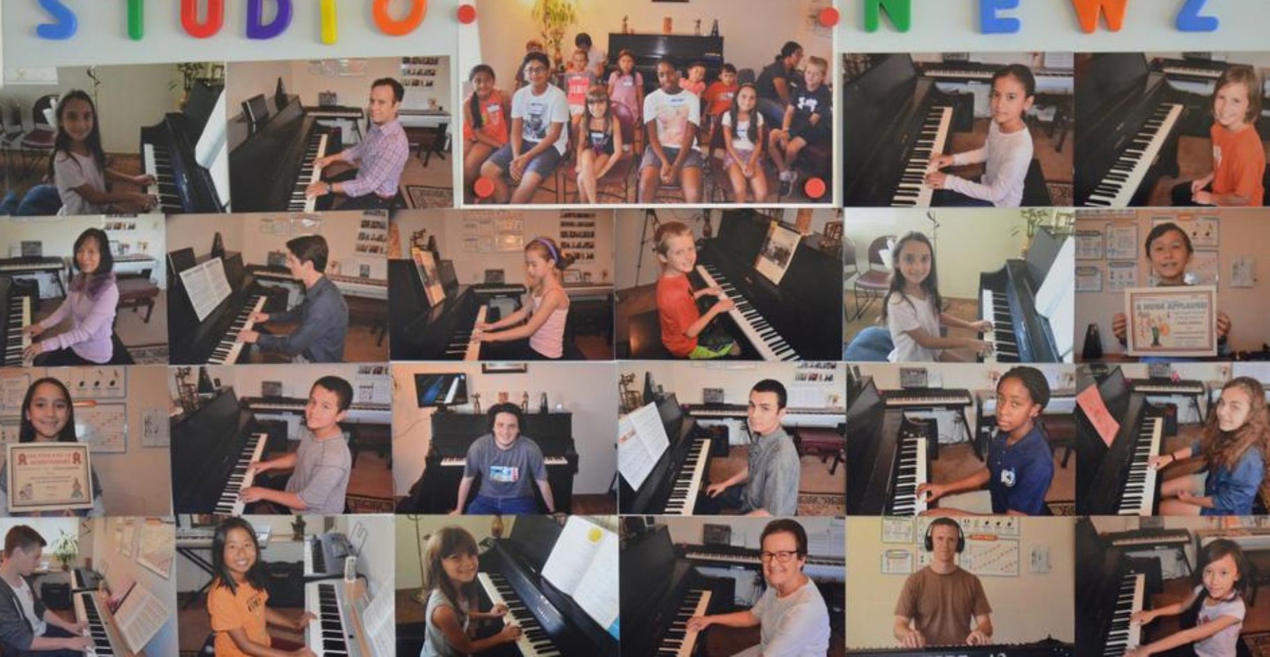 Collage of piano players performing solos and duets in various settings.